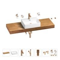 Раковина 50 см со столешницей 140 см Wellsee Graceful Pro 201012594 в наборе 10 в 1: столешница, раковина, смеситель, сифон, донный клапан, угловые вентили, аксессуары (цвет розовое золото)