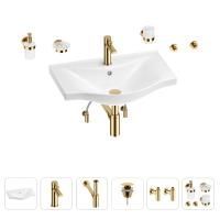 Раковина для ванной Wellsee Bisou 201007308 в наборе 9 в 1: раковина белого глянцевого цвета, смеситель, сифон, донный клапан, угловые вентили, аксессуары (цвет набора золото)