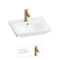 Раковина для ванной Wellsee FreeDom 201000808 в наборе 2 в 1: прямоугольная раковина белого глянцевого цвета, смеситель в цвете золото