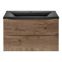 Тумба Vincea Mia 750 подвесная, 2 выкатных ящика soft close, V.Oak с умывальником VCB-3M750B из кварцевого камня, цвет черный