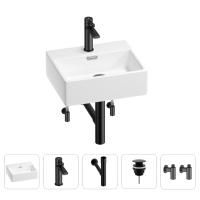 Раковина для ванной Wellsee Graceful Pro 201004552 в наборе 5 в 1: раковина белого глянцевого цвета, смеситель, сифон, донный клапан, угловые вентили (цвет набора матовый черный)