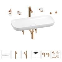 Раковина для ванной Wellsee Croquis 201005789 в наборе 9 в 1: раковина белого глянцевого цвета, высокий смеситель, сифон, выпуск, угловые вентили, аксессуары (цвет розовое золото)