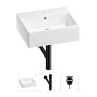Раковина для ванной Wellsee Graceful Pro 201001337 в наборе 3 в 1: прямоугольная раковина белого глянцевого цвета, сифон, донный клапан в цвете матовый черный