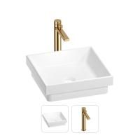 Раковина для ванной Wellsee Doux 201000638 в наборе 2 в 1: квадратная раковина белого глянцевого цвета, высокий смеситель в цвете золото