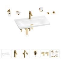 Раковина для ванной Wellsee FreeDom 201007048 в наборе 9 в 1: раковина белого глянцевого цвета, смеситель, сифон, донный клапан, угловые вентили, аксессуары (цвет набора золото)