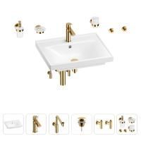 Раковина для ванной Wellsee FreeDom 201006993 в наборе 9 в 1: раковина белого глянцевого цвета, смеситель, сифон, донный клапан, угловые вентили, аксессуары (цвет набора золото)