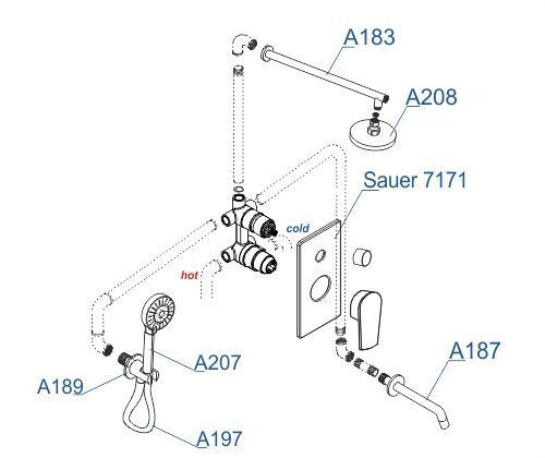 Встраиваемый комплект для ванны с верхней душевой насадкой, лейкой и изливом WasserKRAFT А71208