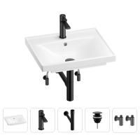 Раковина для ванной Wellsee FreeDom 201004802 в наборе 5 в 1: раковина белого глянцевого цвета, смеситель, сифон, донный клапан, угловые вентили (цвет набора матовый черный)