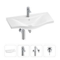 Раковина для ванной Wellsee Bisou 201003696 в наборе 4 в 1: раковина белого глянцевого цвета, смеситель, сифон, донный клапан (цвет набора хром)