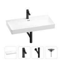 Раковина для ванной Wellsee Bromance 201003877 в наборе 4 в 1: раковина белого глянцевого цвета, смеситель, сифон, выпуск (цвет набора матовый черный)