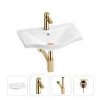 Раковина для ванной Wellsee Bisou 201003463 в наборе 4 в 1: раковина белого глянцевого цвета, смеситель, сифон, донный клапан (цвет набора золото)