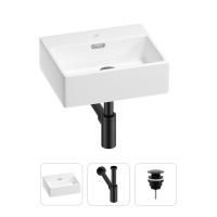 Раковина для ванной Wellsee Graceful Pro 201001302 в наборе 3 в 1: прямоугольная раковина белого глянцевого цвета, сифон, донный клапан в цвете матовый черный