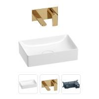 Раковина для ванной Wellsee Pure BY Wellsee 201000708 в наборе 2 в 1: прямоугольная раковина белого глянцевого цвета, встраиваемый смеситель в цвете золото
