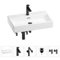 Раковина для ванной Wellsee Graceful Pro 201004667 в наборе 5 в 1: раковина белого глянцевого цвета, смеситель, сифон, донный клапан, угловые вентили (цвет набора матовый черный)