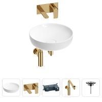 Раковина для ванной Wellsee Chalice Perfection 201002468 в наборе 4 в 1: раковина белого глянцевого цвета, встраиваемый смеситель, сифон, выпуск (цвет набора золото)