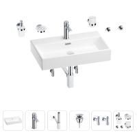 Раковина для ванной Wellsee Graceful Pro 201006716 в наборе 9 в 1: раковина белого глянцевого цвета, смеситель, сифон, донный клапан, угловые вентили, аксессуары (цвет набора хром)