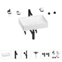 Раковина для ванной Wellsee Pure BY Wellsee 201006417 в наборе 9 в 1: раковина белого глянцевого цвета, высокий смеситель, сифон, выпуск, угловые вентили, аксессуары (цвет матовый черный)