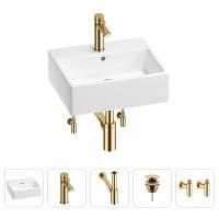 Раковина для ванной Wellsee Graceful Pro 201004583 в наборе 5 в 1: раковина белого глянцевого цвета, смеситель, сифон, донный клапан, угловые вентили (цвет набора золото)