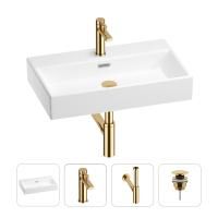 Раковина для ванной Wellsee Graceful Pro 201002988 в наборе 4 в 1: раковина белого глянцевого цвета, смеситель, сифон, донный клапан (цвет набора золото)