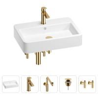 Раковина для ванной Wellsee Halcyon 201004518 в наборе 5 в 1: раковина белого глянцевого цвета, смеситель, сифон, донный клапан, угловые вентили (цвет набора золото)
