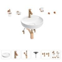 Раковина для ванной Wellsee Chalice Perfection 201006239 в наборе 9 в 1: раковина белого глянцевого цвета, смеситель, сифон, выпуск, угловые вентили, аксессуары (цвет набора розовое золото)