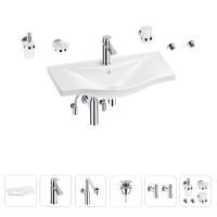 Раковина для ванной Wellsee Bisou 201007391 в наборе 9 в 1: раковина белого глянцевого цвета, смеситель, сифон, донный клапан, угловые вентили, аксессуары (цвет набора хром)