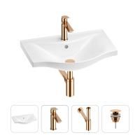 Раковина для ванной Wellsee Bisou 201003504 в наборе 4 в 1: раковина белого глянцевого цвета, смеситель, сифон, донный клапан (цвет набора розовое золото)