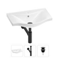 Раковина для ванной Wellsee Bisou 201001617 в наборе 3 в 1: полукруглая раковина белого глянцевого цвета, сифон, донный клапан в цвете матовый черный