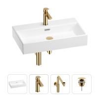 Раковина для ванной Wellsee Graceful Pro 201002993 в наборе 4 в 1: раковина белого глянцевого цвета, смеситель, сифон, донный клапан (цвет набора золото)