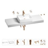 Раковина 50 см со столешницей 140 см Wellsee Graceful Pro 201012614 в наборе 10 в 1: столешница, раковина, смеситель, сифон, донный клапан, угловые вентили, аксессуары (цвет розовое золото)