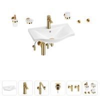 Раковина для ванной Wellsee Bisou 201007198 в наборе 9 в 1: раковина белого глянцевого цвета, смеситель, сифон, донный клапан, угловые вентили, аксессуары (цвет набора золото)