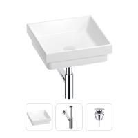Раковина для ванной Wellsee Doux 201001116 в наборе 3 в 1: квадратная раковина белого глянцевого цвета, сифон, донный клапан в цвете хром