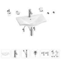 Раковина для ванной Wellsee Bisou 201007201 в наборе 9 в 1: раковина белого глянцевого цвета, смеситель, сифон, донный клапан, угловые вентили, аксессуары (цвет набора хром)