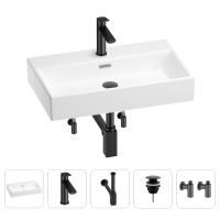 Раковина для ванной Wellsee Graceful Pro 201004637 в наборе 5 в 1: раковина белого глянцевого цвета, смеситель, сифон, донный клапан, угловые вентили (цвет набора матовый черный)