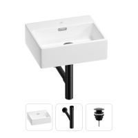 Раковина для ванной Wellsee Graceful Pro 201001312 в наборе 3 в 1: прямоугольная раковина белого глянцевого цвета, сифон, донный клапан в цвете матовый черный