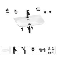 Раковина для ванной Wellsee Eclatant 2.0 201007502 в наборе 9 в 1: раковина белого глянцевого цвета, смеситель, сифон, донный клапан, угловые вентили, аксессуары (цвет набора матовый черный)