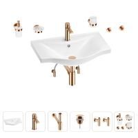 Раковина для ванной Wellsee Bisou 201007309 в наборе 9 в 1: раковина белого глянцевого цвета, смеситель, сифон, донный клапан, угловые вентили, аксессуары (цвет набора розовое золото)