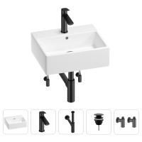 Раковина для ванной Wellsee Graceful Pro 201004607 в наборе 5 в 1: раковина белого глянцевого цвета, смеситель, сифон, донный клапан, угловые вентили (цвет набора матовый черный)
