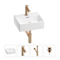 Раковина для ванной Wellsee Graceful Pro 201002884 в наборе 4 в 1: раковина белого глянцевого цвета, смеситель, сифон, донный клапан (цвет набора розовое золото)