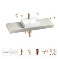 Раковина 50 см со столешницей 140 см Wellsee Graceful Pro 201012579 в наборе 10 в 1: столешница, раковина, смеситель, сифон, донный клапан, угловые вентили, аксессуары (цвет розовое золото)