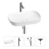 Раковина для ванной Wellsee Croquis 201001876 в наборе 4 в 1: раковина белого глянцевого цвета, высокий смеситель, сифон, выпуск (цвет набора хром)