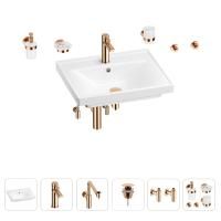 Раковина для ванной Wellsee FreeDom 201006949 в наборе 9 в 1: раковина белого глянцевого цвета, смеситель, сифон, донный клапан, угловые вентили, аксессуары (цвет набора розовое золото)