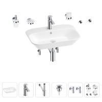 Раковина для ванной Wellsee Eclatant 201007451 в наборе 9 в 1: раковина белого глянцевого цвета, смеситель, сифон, донный клапан, угловые вентили, аксессуары (цвет набора хром)