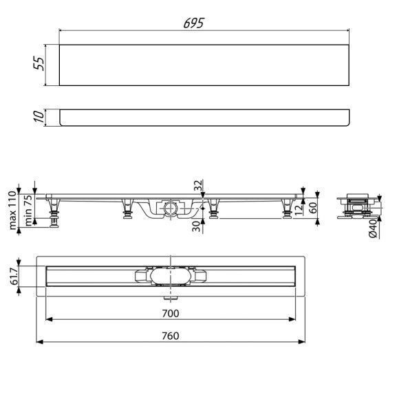 Комплект водоотводящий желоб SP10-700 из пластика, с порогами из нерж. стали + Декор. вставка PG10-700