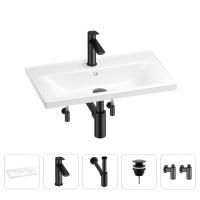 Раковина для ванной Wellsee FreeDom 201004927 в наборе 5 в 1: раковина белого глянцевого цвета, смеситель, сифон, донный клапан, угловые вентили (цвет набора матовый черный)
