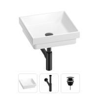 Раковина для ванной Wellsee Doux 201001117 в наборе 3 в 1: квадратная раковина белого глянцевого цвета, сифон, донный клапан в цвете матовый черный