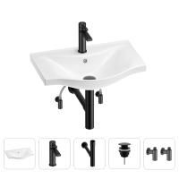 Раковина для ванной Wellsee Bisou 201005152 в наборе 5 в 1: раковина белого глянцевого цвета, смеситель, сифон, донный клапан, угловые вентили (цвет набора матовый черный)