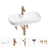 Раковина для ванной Wellsee Croquis 2.0 201004084 в наборе 5 в 1: раковина белого глянцевого цвета, смеситель, сифон, выпуск, угловые вентили (цвет набора розовое золото)