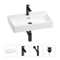 Раковина для ванной Wellsee Graceful Pro 201002952 в наборе 4 в 1: раковина белого глянцевого цвета, смеситель, сифон, донный клапан (цвет набора матовый черный)