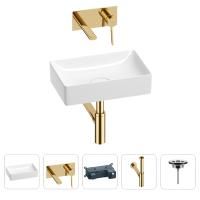 Раковина для ванной Wellsee Pure BY Wellsee 201002583 в наборе 4 в 1: раковина белого глянцевого цвета, встраиваемый смеситель, сифон, выпуск (цвет набора золото)